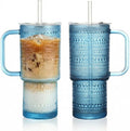 20 oz Blue Glass Tumbler with Lid and Straw, Glass Iced Coffee Cups, by Unknown