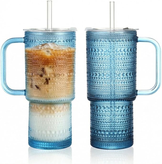 20 oz Blue Glass Tumbler with Lid and Straw, Glass Iced Coffee Cups, by Unknown