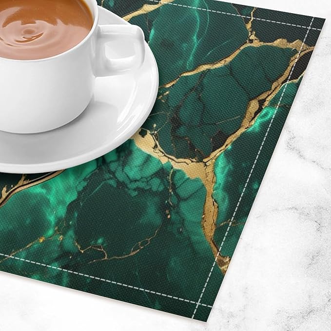 Marble Linen Placemats Set of 4, Modern Luxury Foil Texture Hunter Green White Gold Marble Washable Cloth Place Mats, Non-Slip Dining Table Placemats for Home Kitchen Party Banquets Decor 12x17 Inch