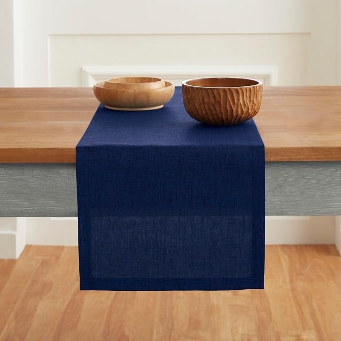 Solino Home Linen Table Runner 90 Inches Long - Athena, 100% Pure Linen Royal Blue 14 x 90 Inch Table Runner for Dining, Winter