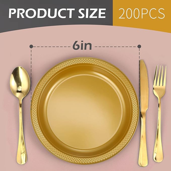 Zopeal 500 Pcs Gold Plastic Dessert Plates 6 Inch Round Gold Disposable Plates Heavy Duty Wedding Dinner Tableware for Birthday Party Dinner Picnic Salad, Appetizer Party Supplies