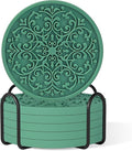 Drink Coasters, Coasters Set of 6 for Cup with Holder, Non-Slip Silicone Cup Mats for Hot and Cold Drinks, Cute Absorbent Coffee Bar Accessories Table Decor, Green