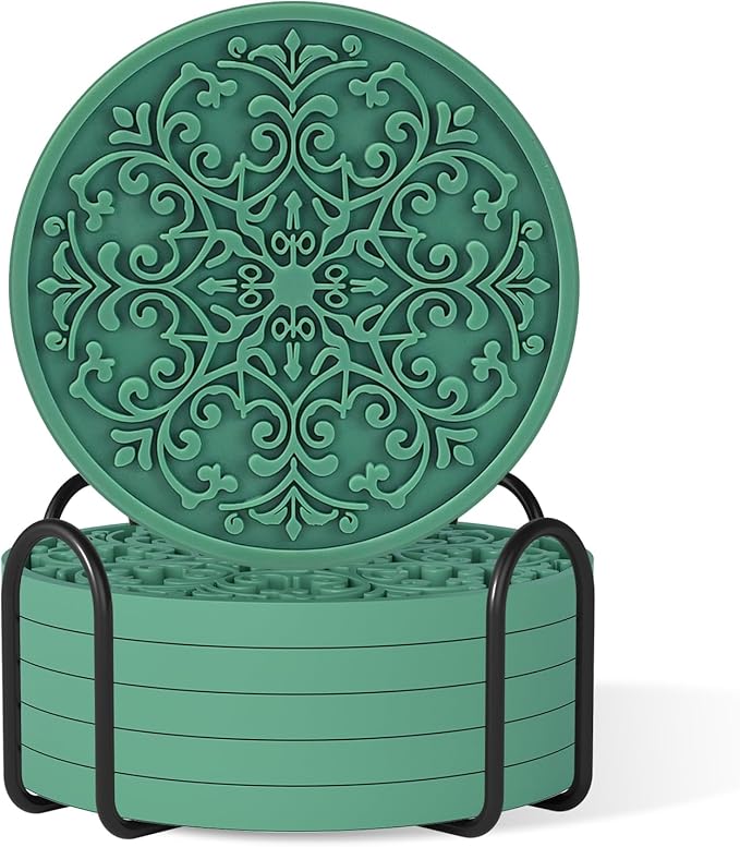Drink Coasters, Coasters Set of 6 for Cup with Holder, Non-Slip Silicone Cup Mats for Hot and Cold Drinks, Cute Absorbent Coffee Bar Accessories Table Decor, Green
