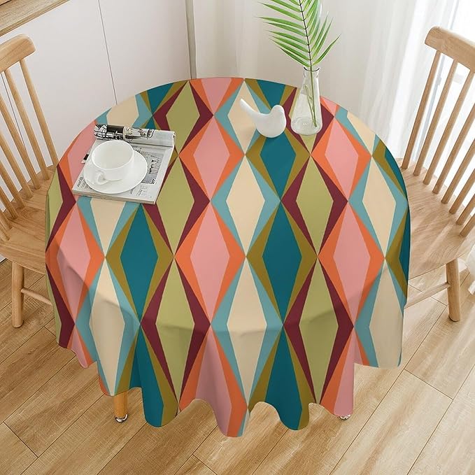 Abstract Geometric Boho Round Tablecloth, Retro Modern Mid Century Tablecloth for Home Party Dining Room Kitchen Decor 36Inch(90cm)