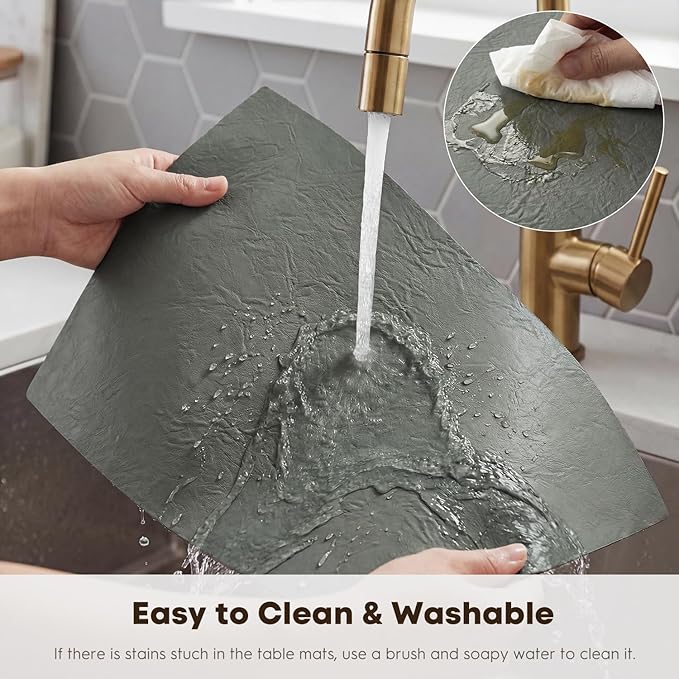 Artoid Mode Grey Faux Leather Placemats Set of 6, 12x18 Inch Waterproof Wipeable Heat Resistant Vinyl Place Mats, Reversible Table Mats for Winter Kitchen Dining Decor