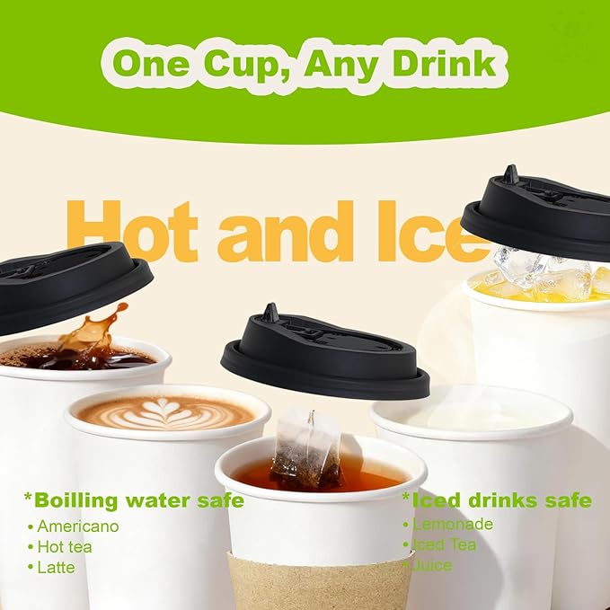 100 Pack 12 oz Disposable Coffee Cups with Lids and Sleeves, Leak-Proof To Go Coffee Cups, PLA White Paper Coffee Cups for Hot Beverage