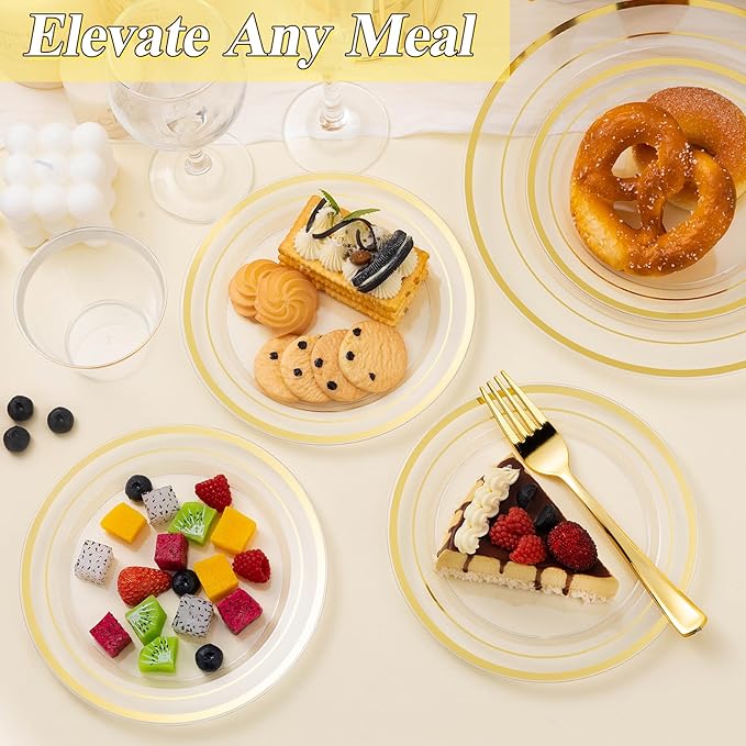 BESTSTAR 200PCS Clear Gold Plastic Plates Set, 100 10.25 inch Dinner Plates and 100 7.5 inch Dessert Plates, Disposable Plates for Party, Wedding