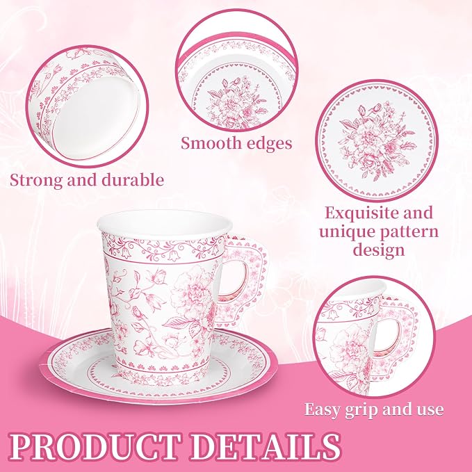 Whaline 80 Pcs Pink White Floral Paper Tea Cups and Saucers Porcelain - Image 3