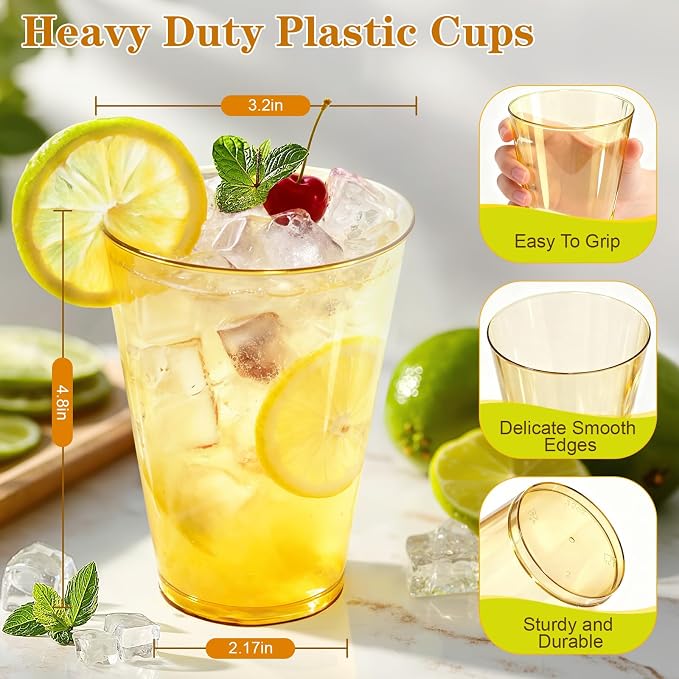Glowserve 100 Pack 12 oz Gold Disposable Plastic Cups Cocktail Glasses | Cold - Image 2