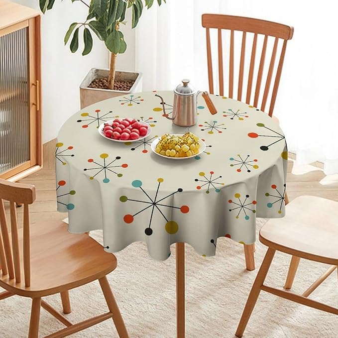 Medieval Round Tablecloth, Boho Mid Century Abstract Modern Retro Colors Pattern Tablecloth for Home Party Dining Room Kitchen Decor 60Inch(152cm)