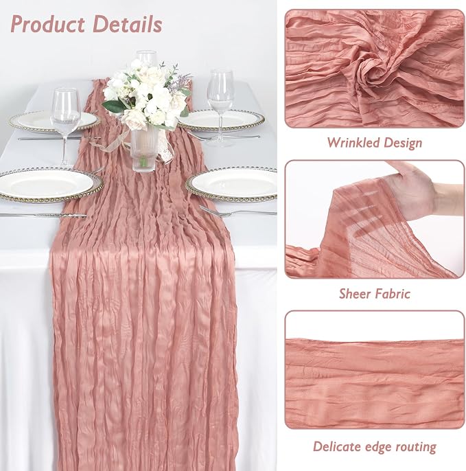1 Pack Dusty Pink Cheesecloth Table Runner 120 Inch Boho Wedding Decor | - Image 3