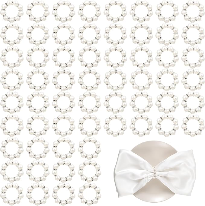 60Pcs Pearl Napkin Rings,Imitation Pearl Beaded Napkin Ring Holder,Serviette Napkins Rings Bulk for Wedding Reception Dinner Table Decor Banquet Home Party (White&Silver, 60Pcs)