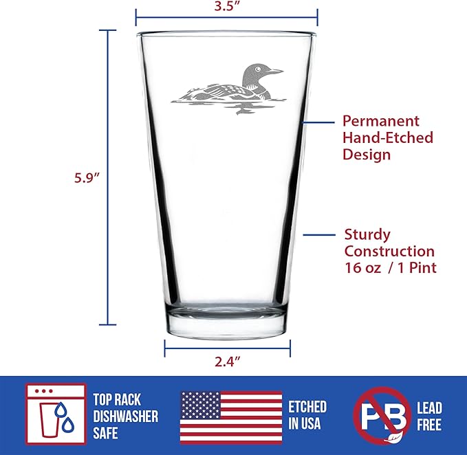 Custom Loon Pint Glass for Beer - Fun Bird Themed Gifts and Decor for Men & Women - 16 oz Glasses