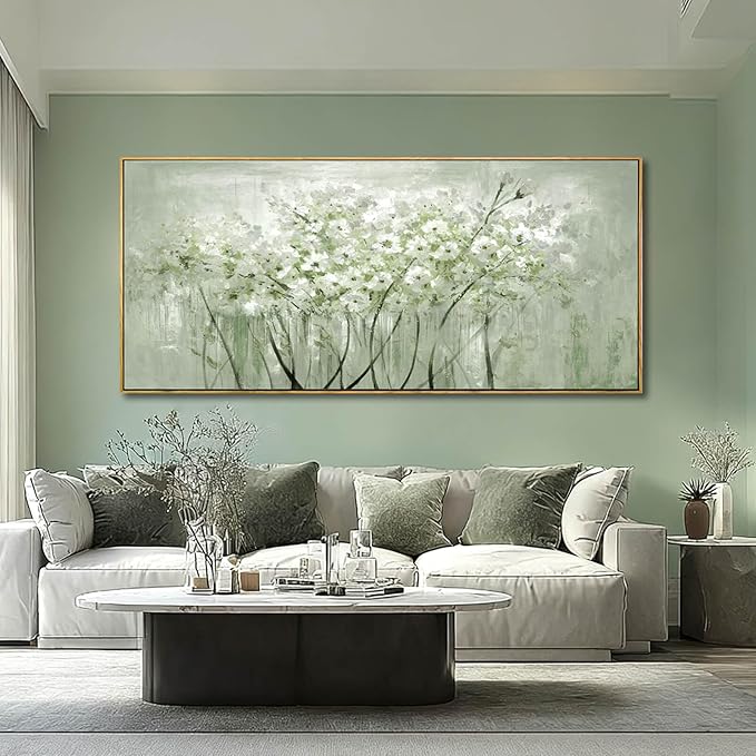 MLART99 Soft Green and White Floral Canvas Extra large Flower Wall Art Texture Botanical Print Plant Posters- 32x70 Inch Modern Home Decor for Living Room Entryway