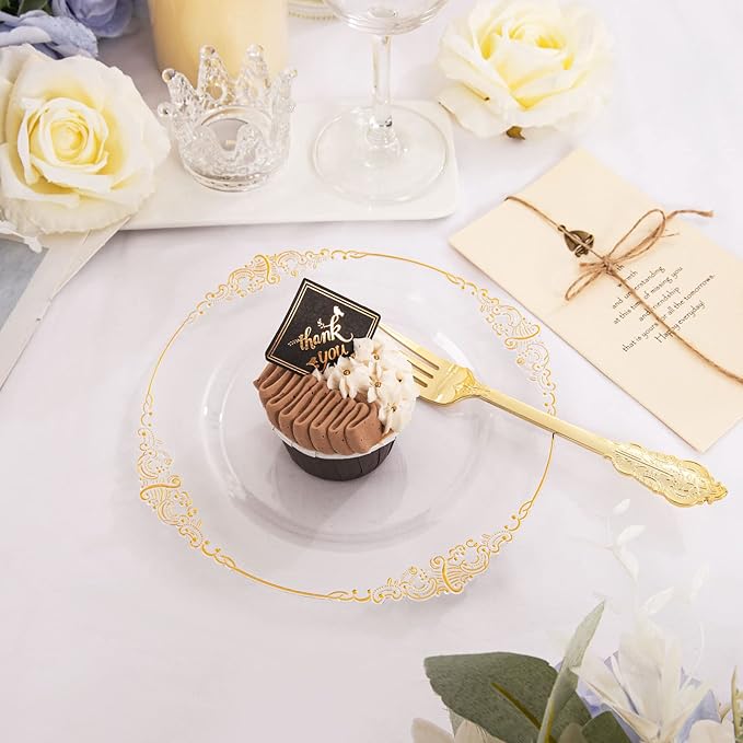 Morejoy 100pcs Gold Plastic Plates - Clear Gold Disposable Plates - 7.5 inch clear and gold dessert plates, Clear Plastic Plates with Gold Rim for Weddings & Parties & Shower