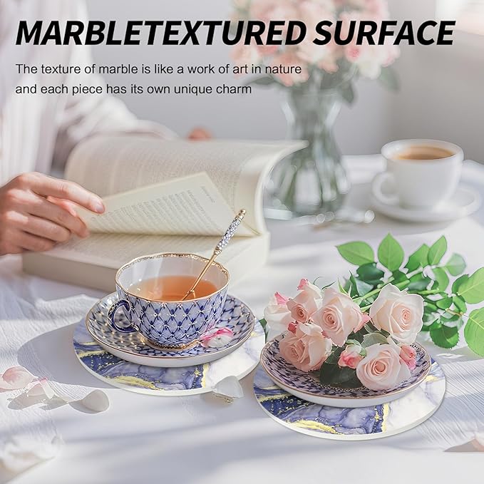 8 Inch Trivets for Hot Dishes, Pots and Pans, Marble Style Ceramic Trivet with Holder, Heat Resistant Hot Plate Mats for Countertops, Table, Home Essentials, Farmhouse Decor, Set of 3