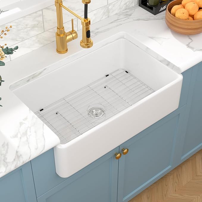 Sarlai White Farmhouse Kitchen Sink - 33x20 Inch Farmhouse Kitchen Sink Flat Apron Front White Ceramic Sinks Single Bowl Farm Farmer Sinks Porcelain Fireclay Basin