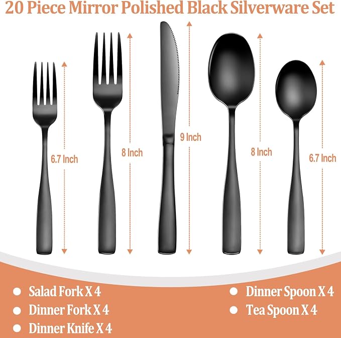 20 Pcs Black Silverware Set, Food-Grade Stainless Steel Flatware Set - Image 2