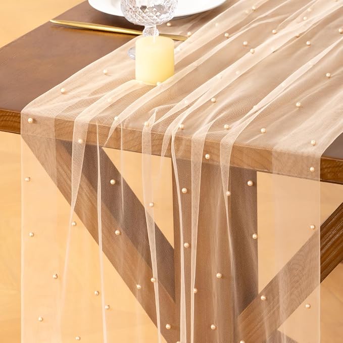 Pearl Table Runner Summer Tulle Gauze Sheer Wedding Party Home Decor | Peach by Socomi