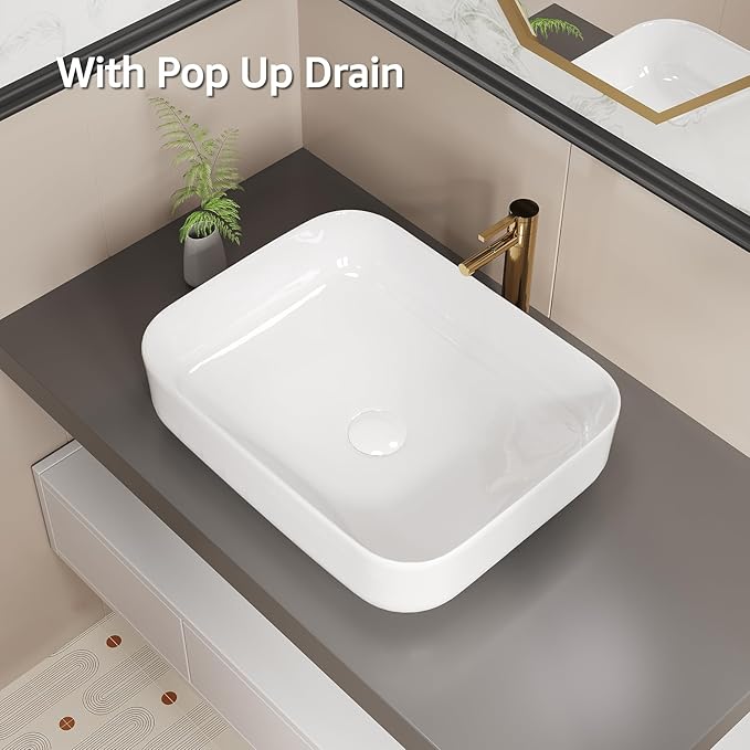 ELLAI Bathroom Vessel Sink Rectangle Above Counter Porcelain Ceramic Top Mount Rectanglar Countertop Sink for Bathroom 19.7"x15.2"x5.4" Glossy White with Pop Up Drain