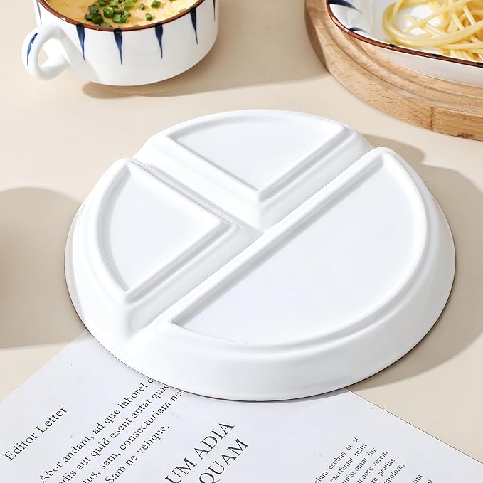 8 Inch Ceramic Portion Control Plate - 3 Compartment Divided Plates for Weight Loss & Diabetes, Microwave & Dishwasher Safe, Stackable Dinnerware Set, BPA-Free Porcelain (White, 1-Pack)