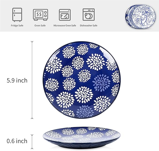 Selamica Dessert Plates Ceramic, 6 Inch Embossed Small Plates for Appetizer, Cake, Snacks, Microwave Dishwasher Safe, Set of 4, Blue