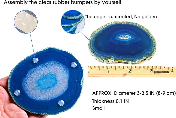 AMOYSTONE Blue Agate Coasters Set of 4, 3-3.5 Inch Stone Coasters with Rubber Bumpers, Valentine's Day Gift for Her, Modern Coffee Table Decor, Birthday Present