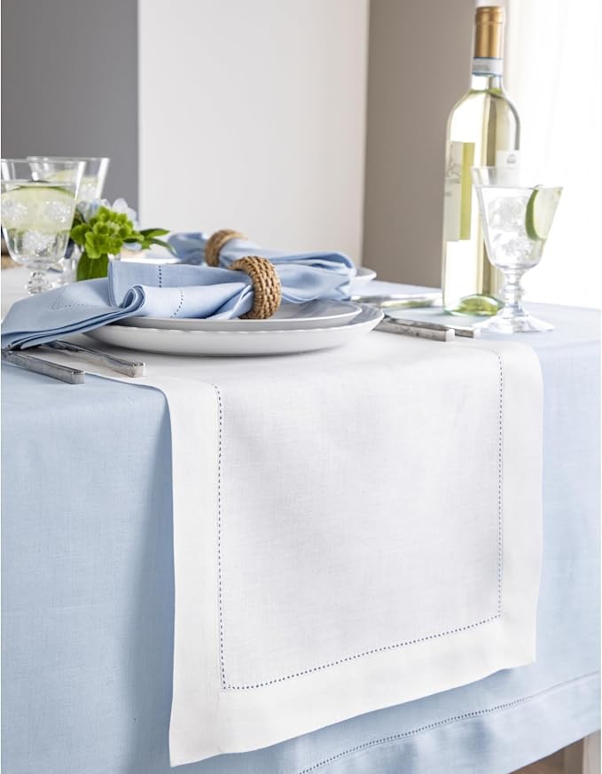 Solino Home 100% Linen Table Runner White, Classic Hemstitch 14 x 120 in | - Image 2