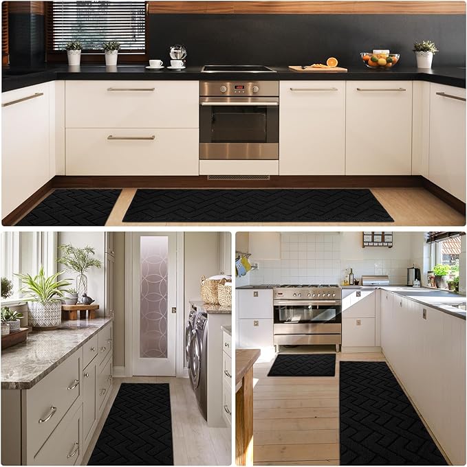 hicorfe Kitchen Rugs and Mats Sets,Non-Slip 2 Pieces Absorbent 100% Polypropylene Rug,Comfort Kitchen Runner Mat,Washable for Kitchen,Sink,Laundry(20" x 48" Plus 20" x 59",Black)