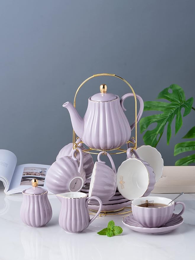 Jusalpha Serve for 6- Fine China Pink Coffee Cup/Teacup Set, 8 OZ Cups& Saucer - Image 5