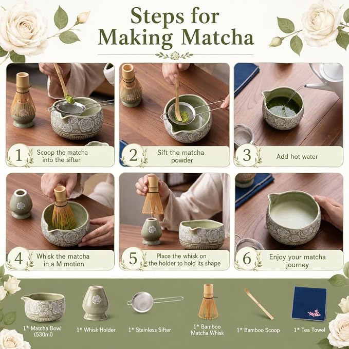 Matcha Whisk Set, 7-Pc Ceramic Matcha Bowl Kit, Bamboo Whisk, （Rose Green） | - Image 5
