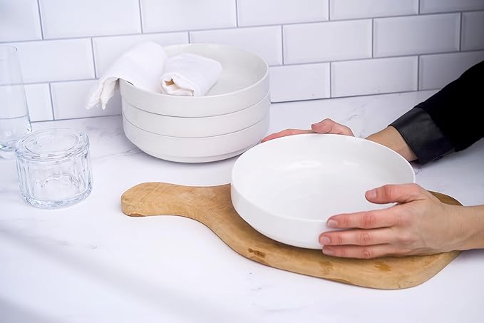 KooK Pasta Bowl, Bowl Plate, Low Bowl, Plate Bowls, Ceramic Large Shallow Bowls, Microwave and Dishwasher Safe, Great for Soups and Salads, Glossy Porcelain, 47 oz, Set of 4, White