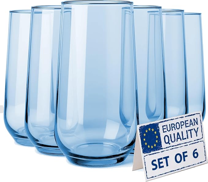 Blue Drinking Glasses Set of 6 | 16 oz Blue Glass Cups | Highball Drinkware by Biandeco