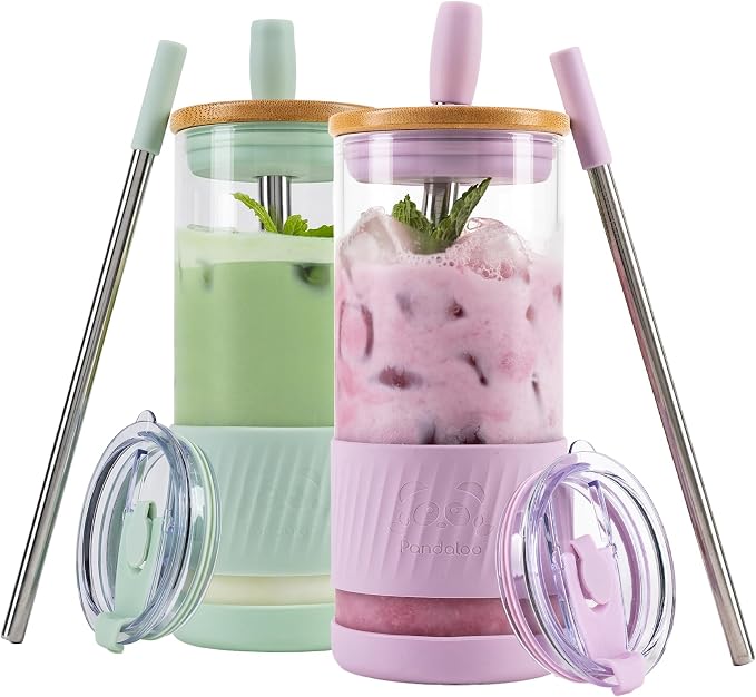 Pandaloo® Glass Cups With Lids and Straws -20 Fl Oz- Perfect Size Iced Coffee by Pandaloo