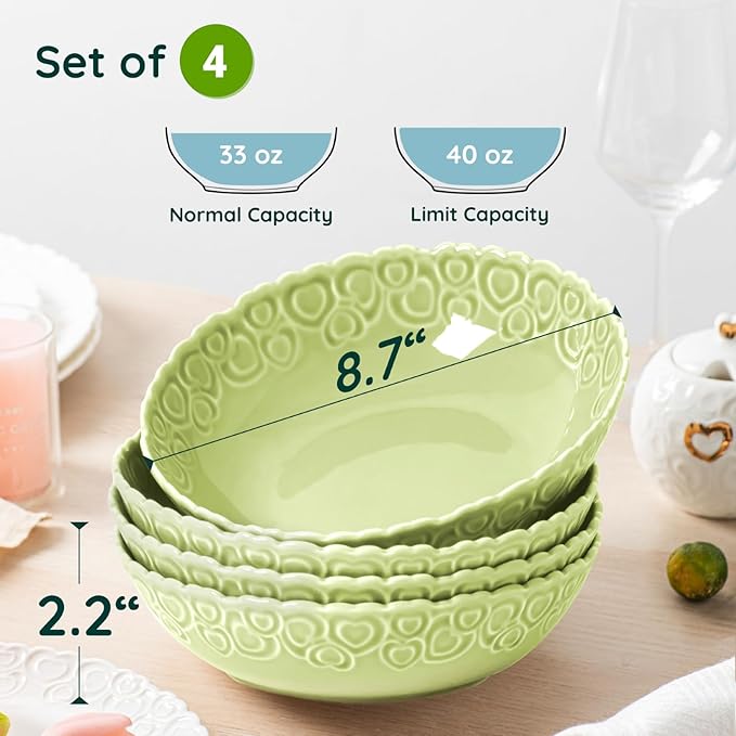 HOMBENE Heartbeat Pasta Bowls Set of 4, 40oz, Porcelain Wide and Shallow, Soup, Pasta, Noodle, Dinner, Large Salad Bowls Soup Bowl for Kitchen, Microwave & Dishwasher Safe (Mint Glow Green)