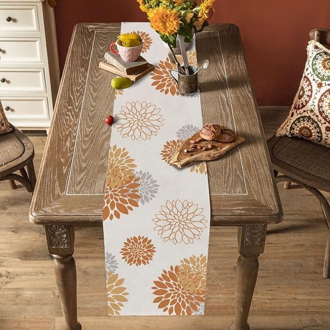 Fall Table Runner Orange Grey Dahlia Pinnata Floral Table Runners Modern - Image 3