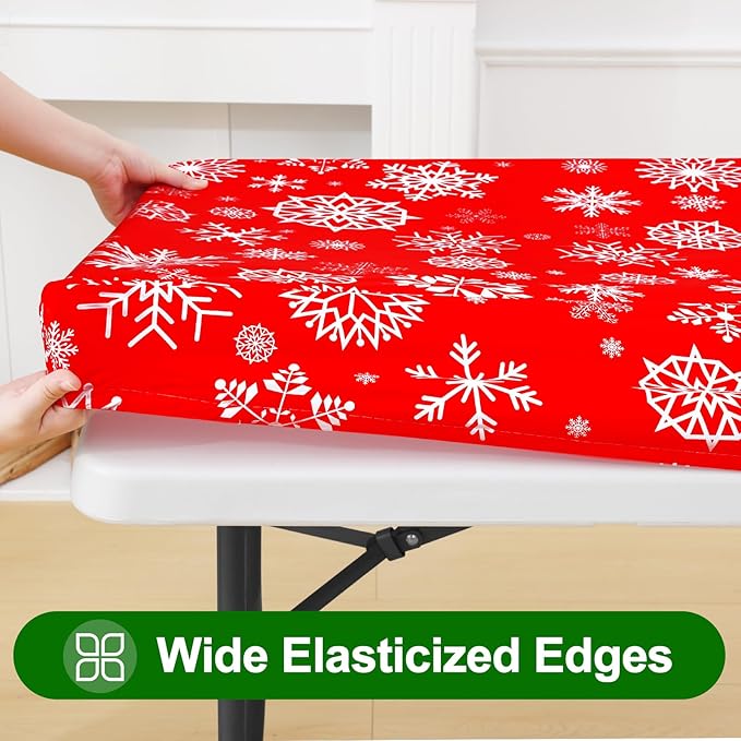 Smiry Plastic Christmas Tablecloth, Snowflake Waterproof Elastic Fitted Table Covers, Wipeable Flannel Backed Vinyl Tablecloths for Christmas Dinner, and New Year Celebration (Red, 30x48 Inches)