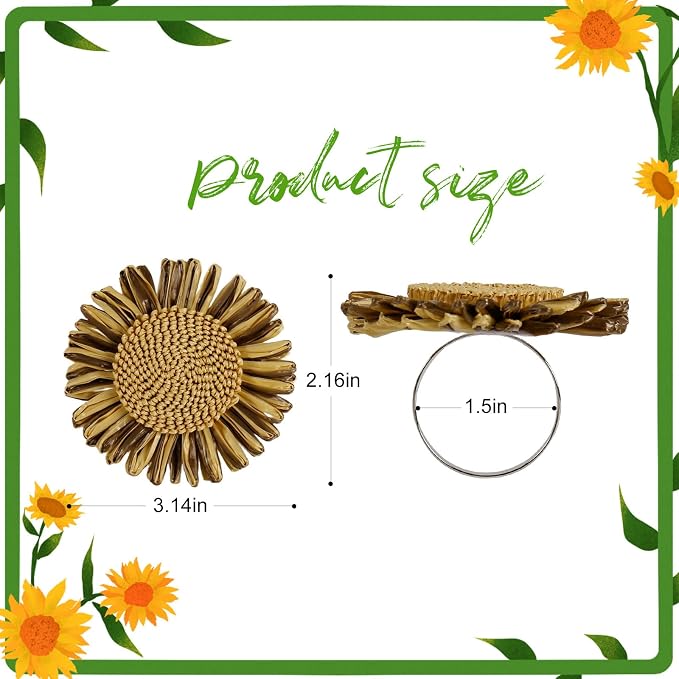 Raffia Sunflower Napkin Rings Set of 4, Braided Daisy Floral Napkin Ring Holders - Image 7