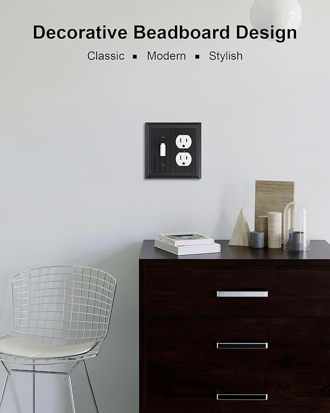 2-Pack Classic Beadboard Combo Toggle/Duplex Light Switch Cover Plate, Matte Black Outlet Cover Plate, Natural Bamboo Fiber Decorative Wall Receptacle Cover for Electrical Outlets, Light Switch