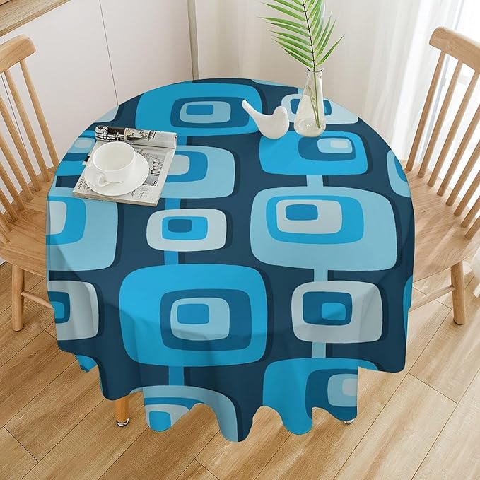 Mid Century Boho Round Tablecloth, Blue Mid Century Modern Art Abstract Geometric Pattern Retro Vintage Style Tablecloth for Home Party Dining Room Kitchen Decor 70Inch(178cm)
