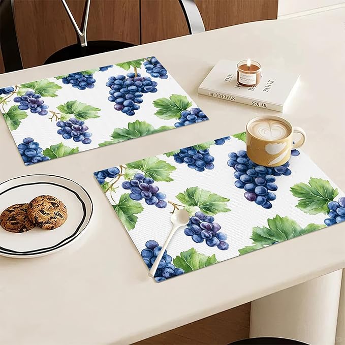 Grape Placemats Set of 4, Blue Grapes Place Mats, Fruit Waterproof Washable Table Mats for Home Party Indoor Kitchen Dining Table Decoration 12x18 Inch