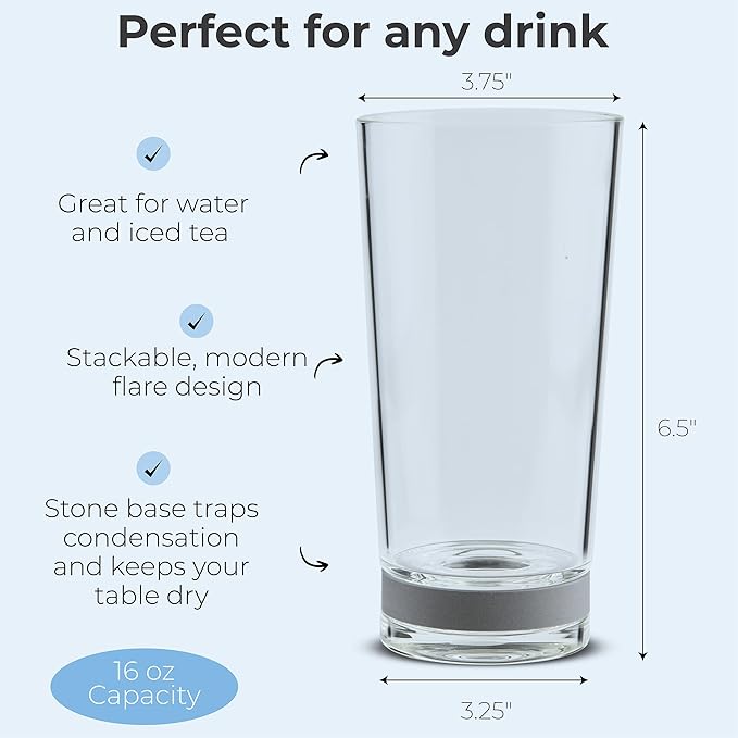 Coast Glassware The Tall – Patented Highball Drinking Glasses with Built-In Stone Coaster Base – Absorbent, Surface-Protecting Water & Cocktail Glasses - Premium Gift Pack (Set of 4) - 16 oz