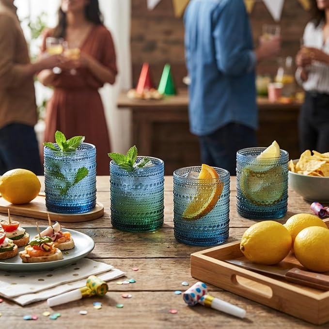 Moretoes 10oz Blue Hobnail Drinking Glasses Set of 6 Cocktail Glasses | Vintage - Image 5