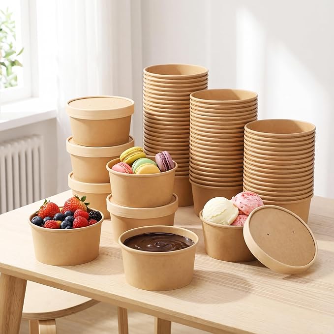 Fulmoon 100 Pack Paper Soup Containers with Lids Disposable Paper Food Containers with Vented Lid Kraft Ice Cream Cake Dessert Cups Soup Bowl for Party Hot Food Fruit Microwave(15 oz,Brown)