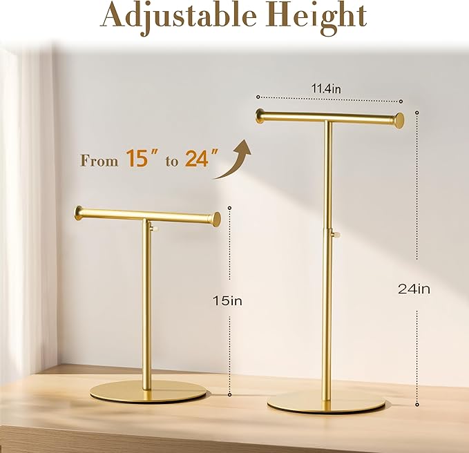 niffgaff T Bar Purse Display Stand Tabletop: Adjustable Height Handbag Holder, Countertop Hanging Rack for Long Necklace Scarf Lanyard, Gold