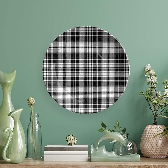 Decorative Plates, Abstract Decor Print Ornament, British Tartan Stripes Pattern, 10 Inch, 1 Plate with 1 Display Stand, Black White