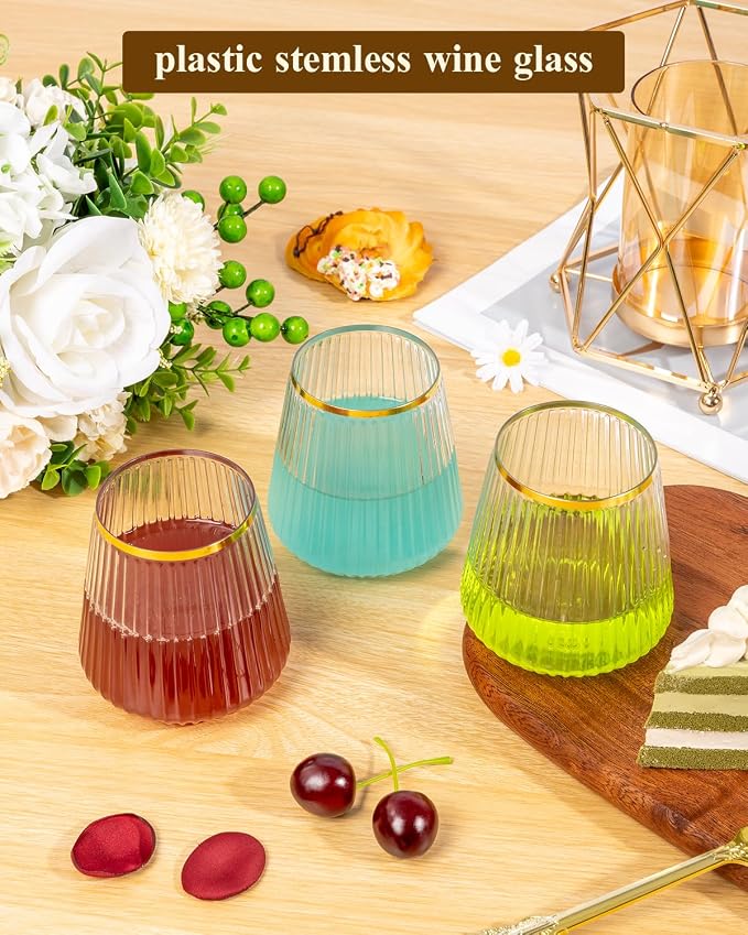 Goodluck 120 Pack 12oz Stemless Ribbed Plastic Wine Glasses Gold Rim | Clear - Image 4