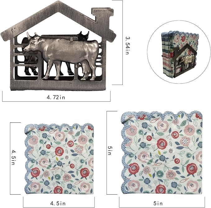 Metal Napkin Holder for Table, Antique Cow Farm Style, Rustic Vertical Tissue Napkins Holder for Paper Napkins (Cow/Black)