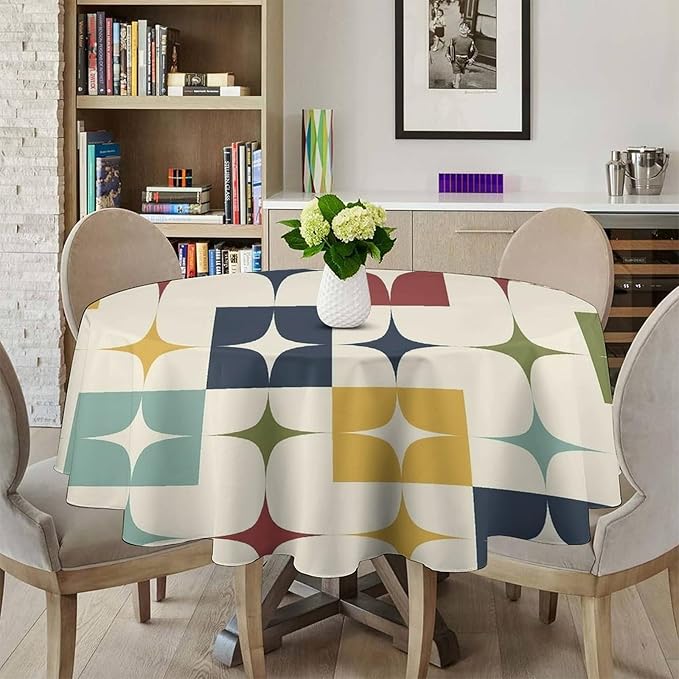 Middle Century Modern Round Tablecloth, Retro Mid Century Geometry Abstract Bohemia Tablecloth for Home Party Dining Room Kitchen Decor 36Inch(90cm)