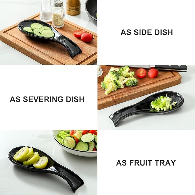 Ceramic Spoon Rest for Stove Top,Large 8.7 Inch Spoon Holder for Kitchen Counter,Porcelain Utensil Rest for Thankgiving and Christmas Gift,Dishwasher Safe and Heat-Resistant,Black(2 PC)